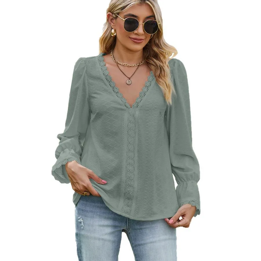 Popular T-shirt Jacquard Lace Stitching Long-sleeved Tops