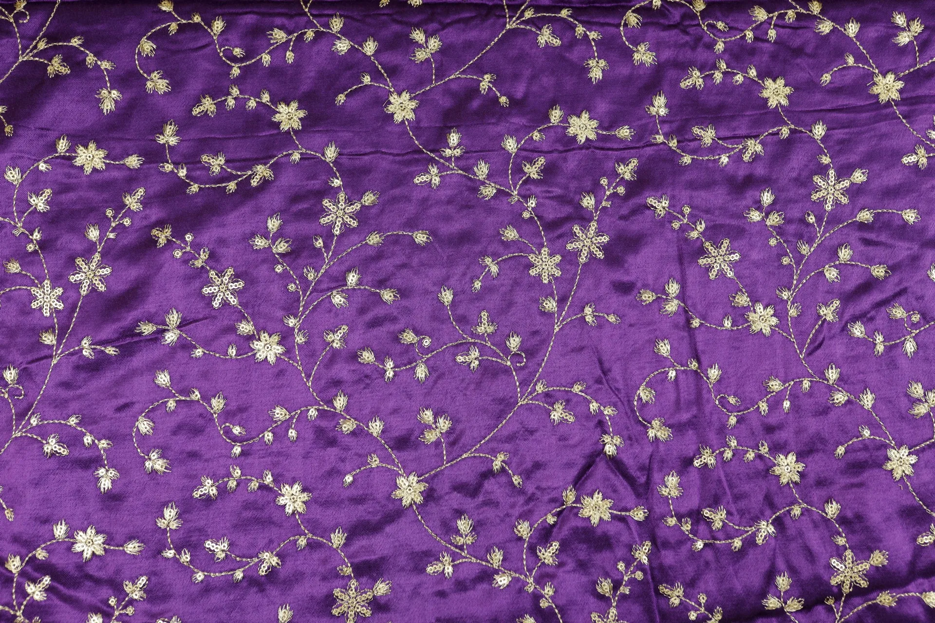 Purple Floral Embroidered Viscose Gaji Silk Fabric (Wholesale)