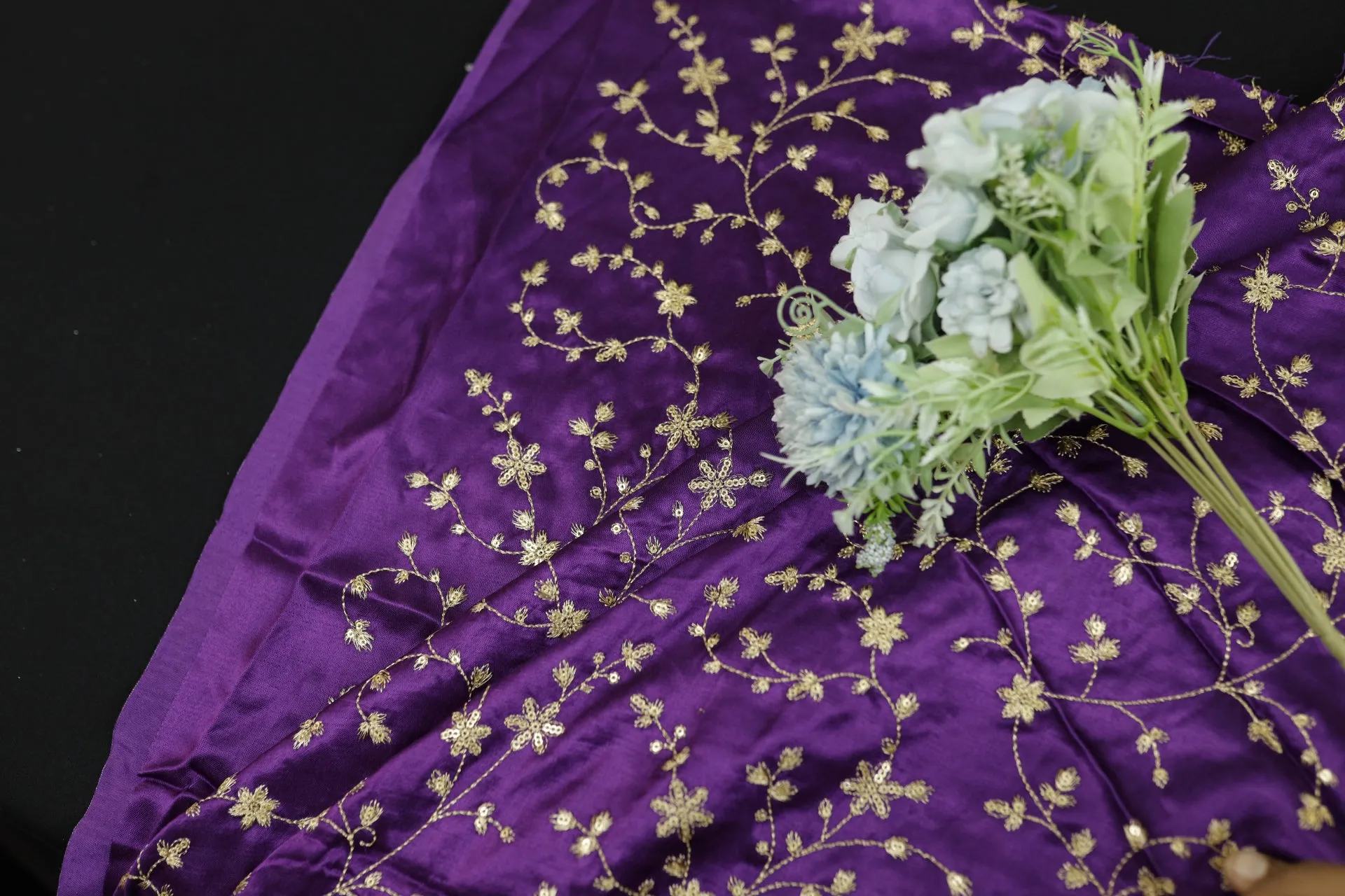 Purple Floral Embroidered Viscose Gaji Silk Fabric (Wholesale)