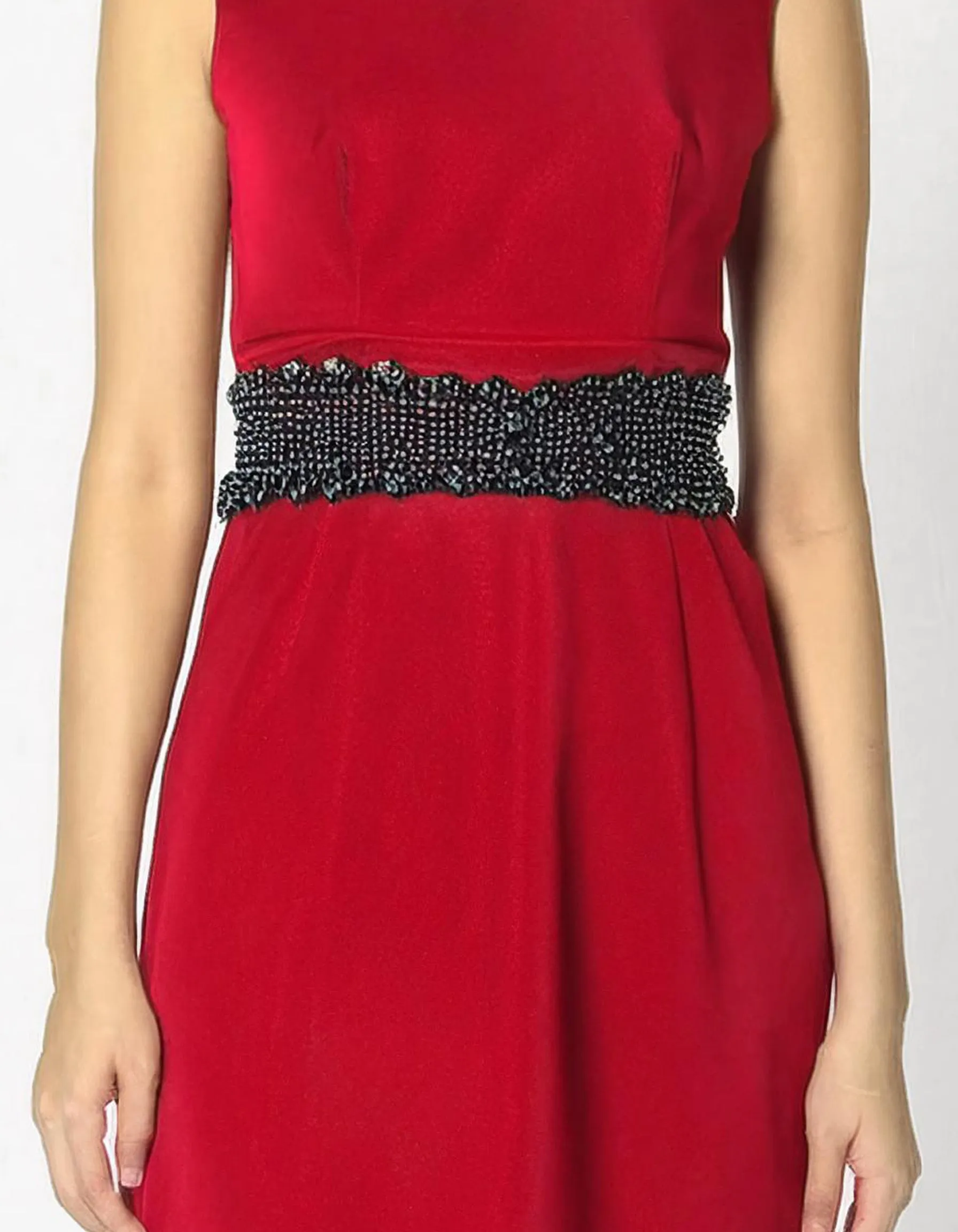 Red Belted Sleeveless Sheath Dress