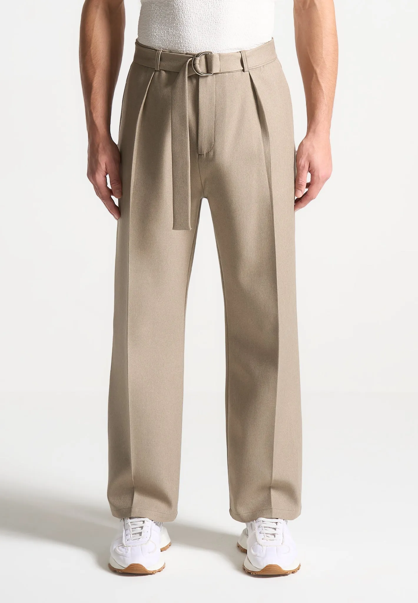 Relaxed Fit Textured Belted Tailored Trousers - Beige