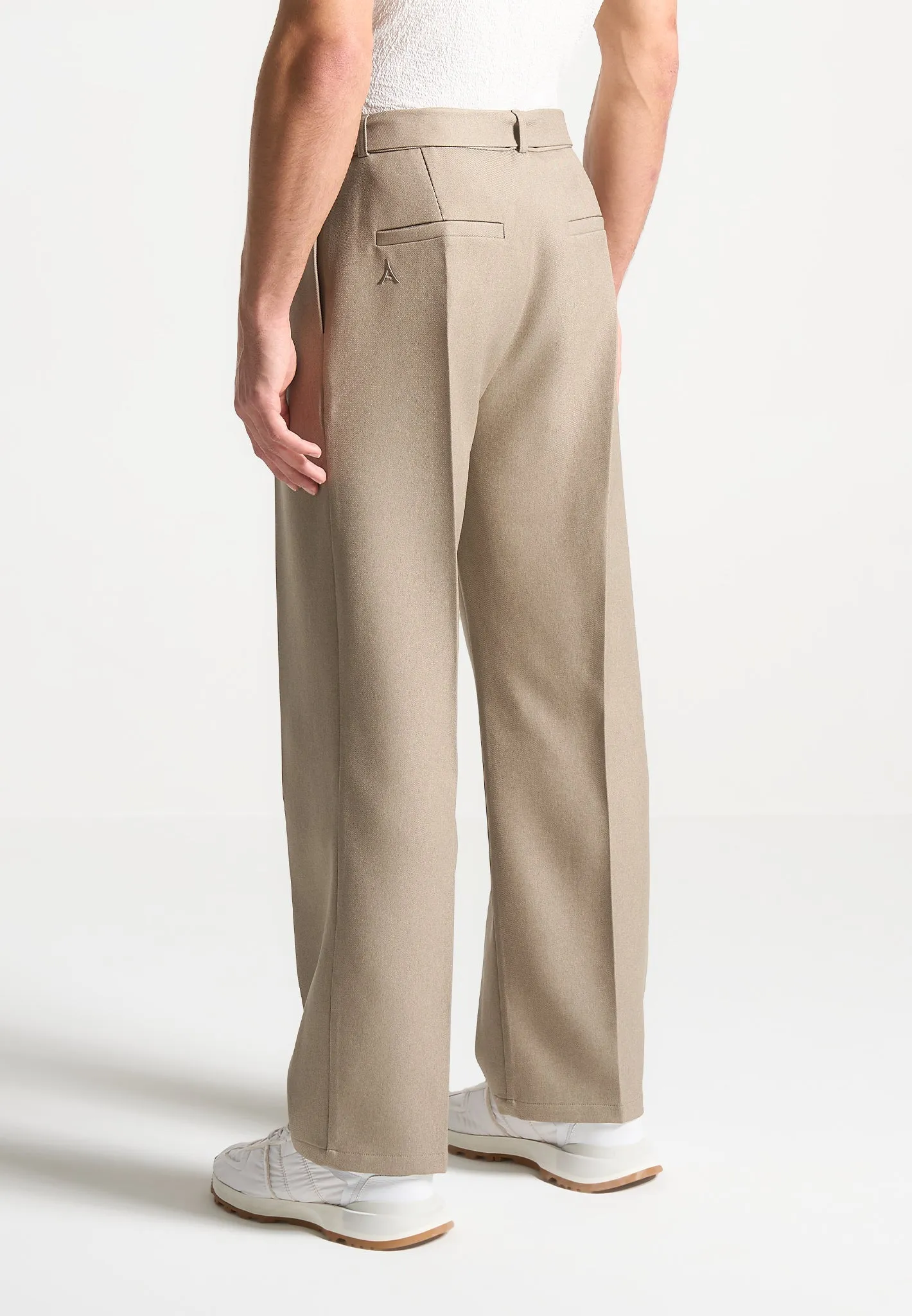 Relaxed Fit Textured Belted Tailored Trousers - Beige