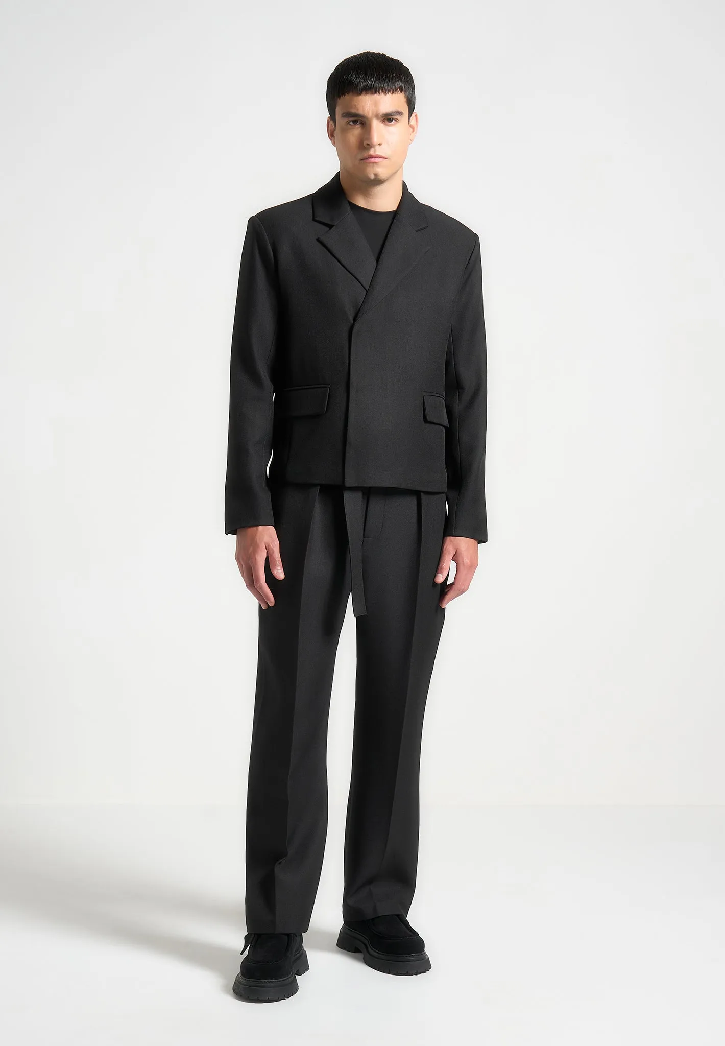 Relaxed Fit Textured Belted Tailored Trousers - Black