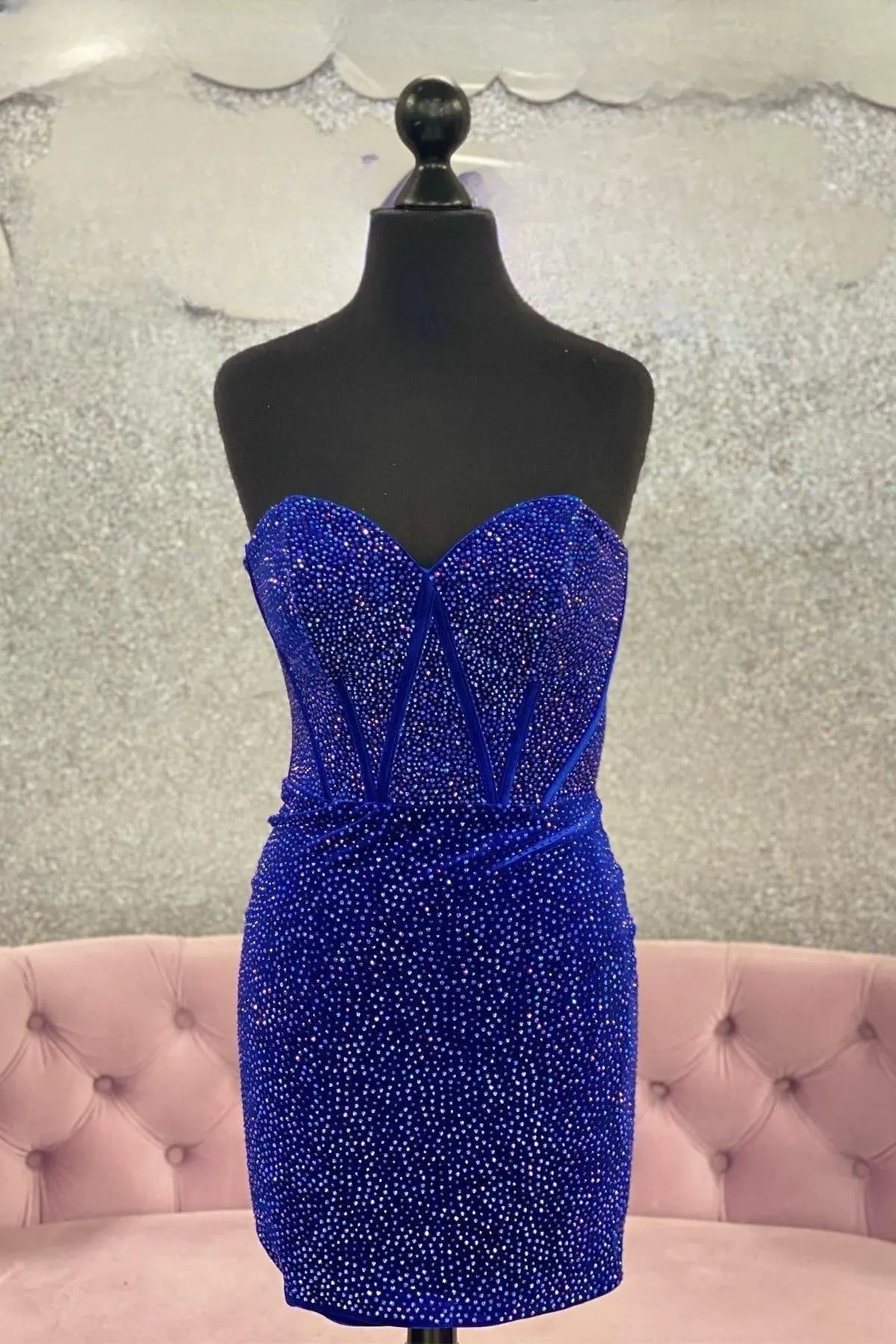 Royal Blue Beaded Strapless Sheath Homecoming Dress