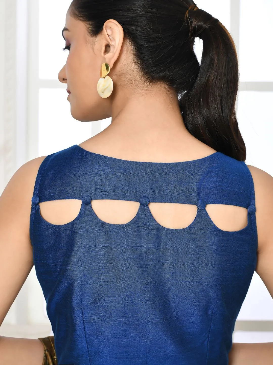 Royal Blue Elbow Length Scallop Neck Blouse