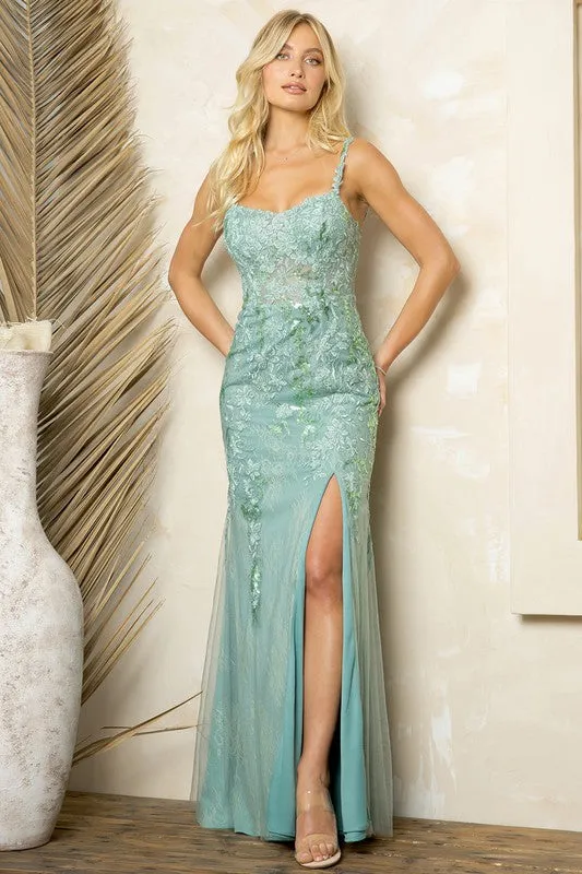 Sage Embellished Bustier Top Front Slit Sheath Dress