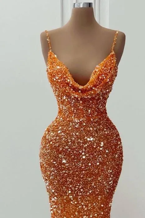 Sequined Orange V Neck Spaghetti Strap Long Prom Dress J5355