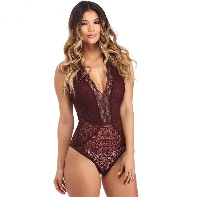 Sexy Ladies' Sleeveless V-neck Hollow-Out Lace Bodysuit