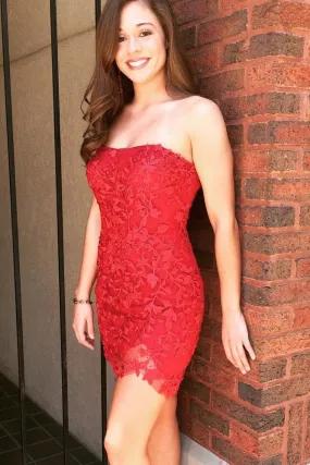 Sexy Tight Strapless Lace Short Prom Dresses, Homecoming Dresses