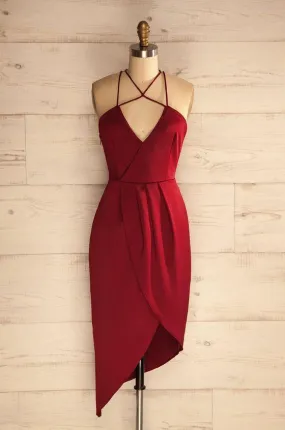 Sheath Halter Asymmetrical Dark Red Satin Homecoming Dress