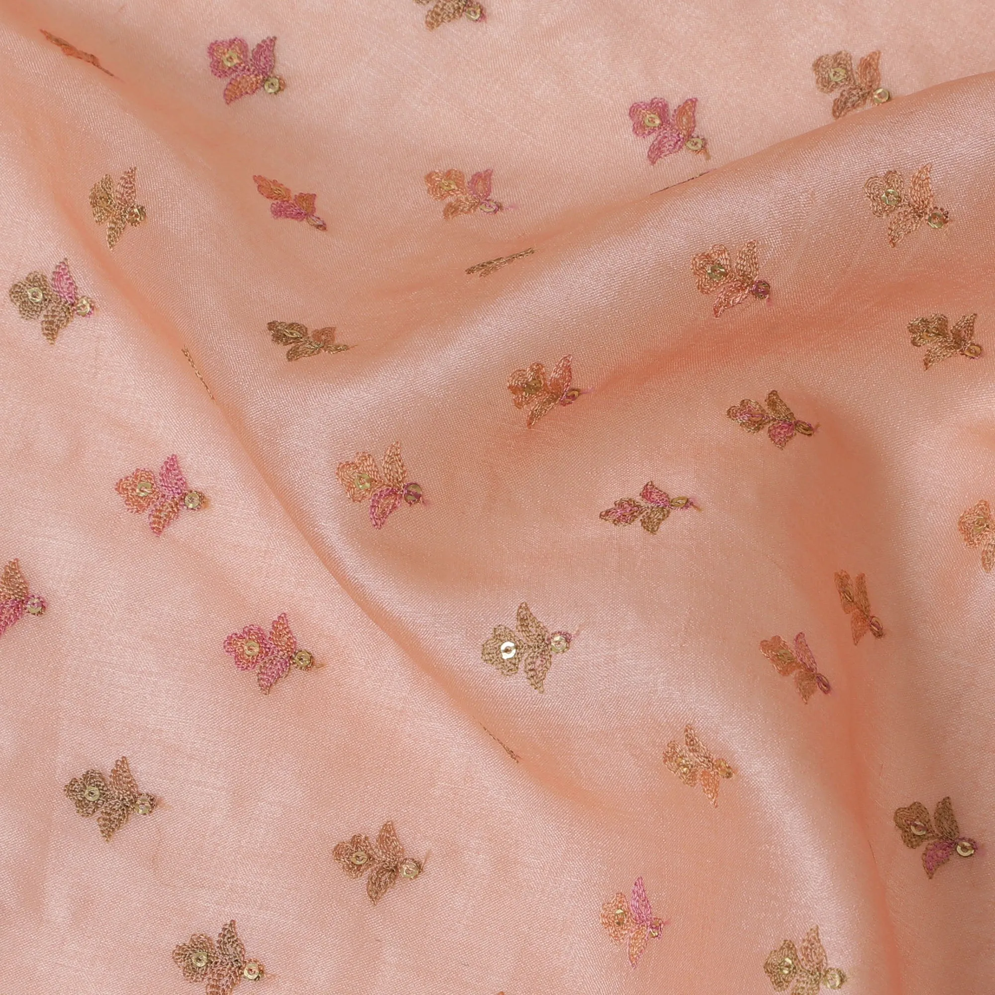 Soft Blush Tussar Silk Fabric with Petite Multi-Colored Floral Embroidery, 110 cm Wide - Delicate Indian Textile Art-D18978