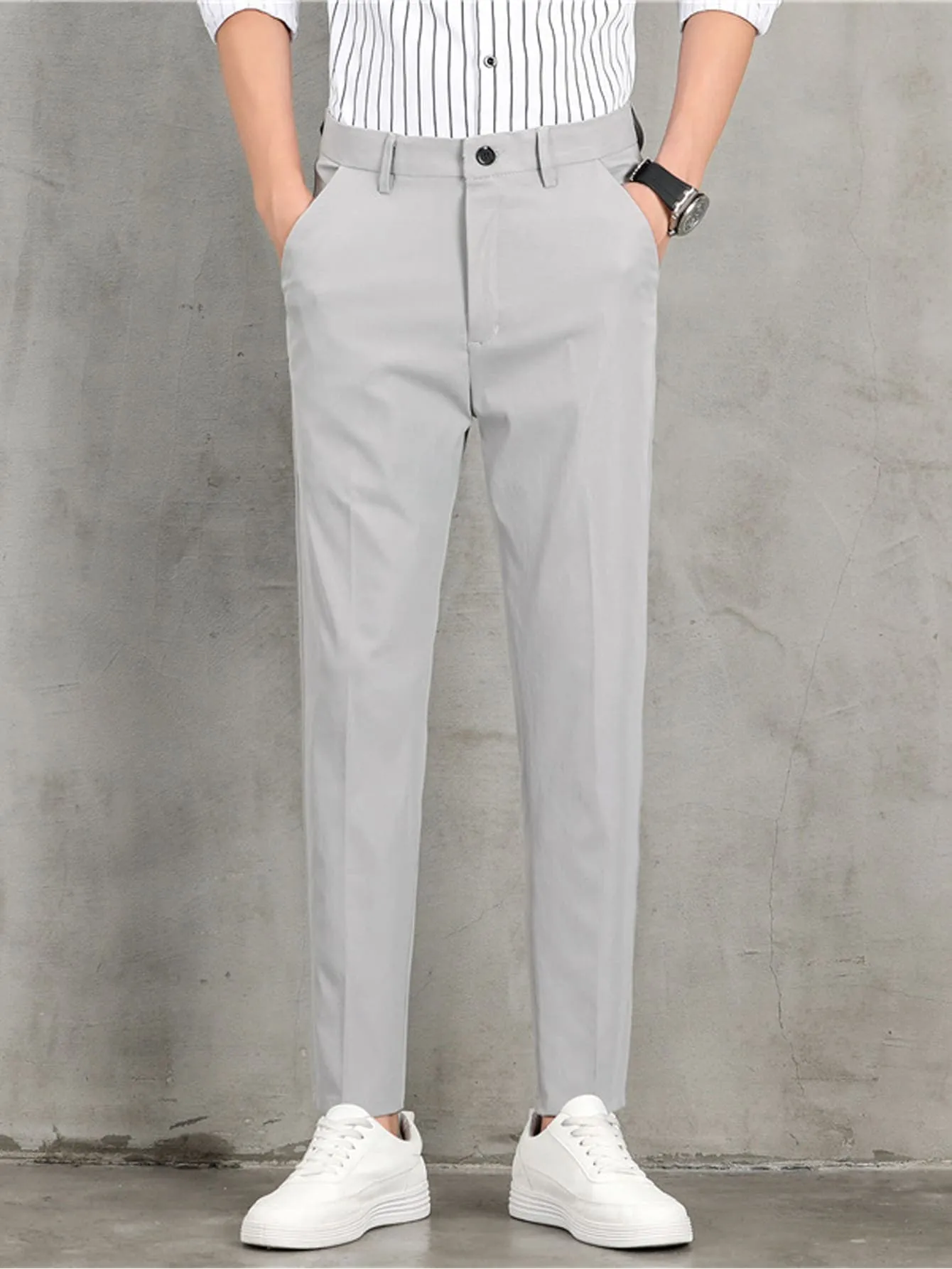 Solid Zipper Fly Tailored Trousers