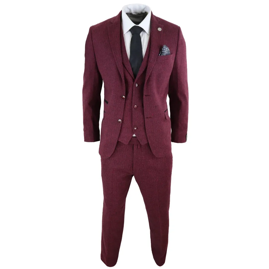 STZ11 - Men's Wool 3 Piece Suit Tweed Burgundy Black Classic