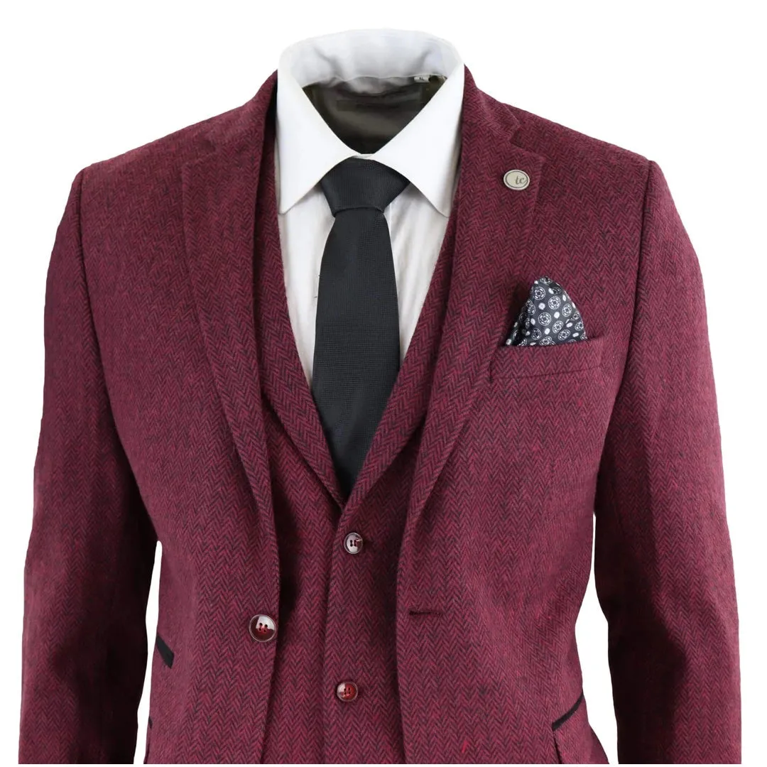 STZ11 - Men's Wool 3 Piece Suit Tweed Burgundy Black Classic