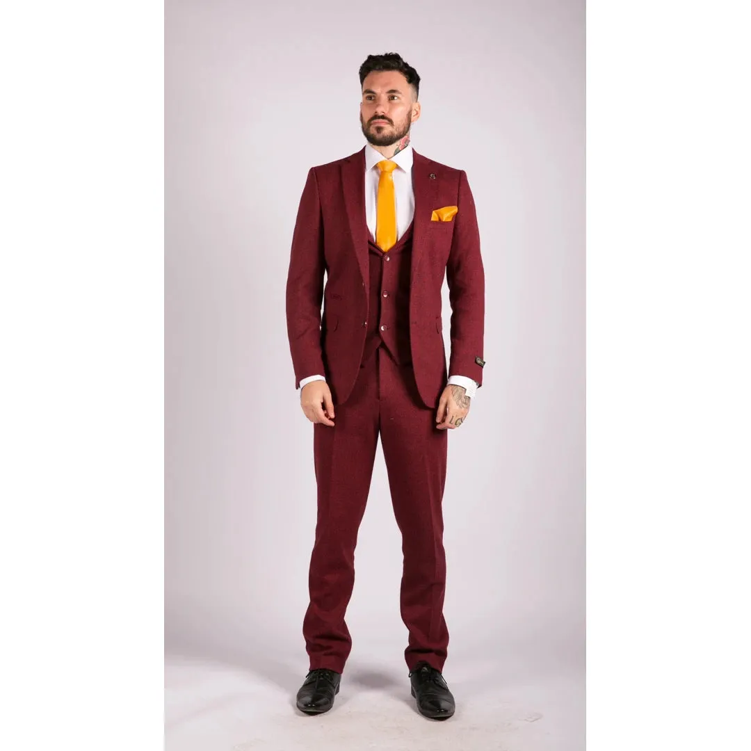 STZ11 - Men's Wool 3 Piece Suit Tweed Burgundy Black Classic