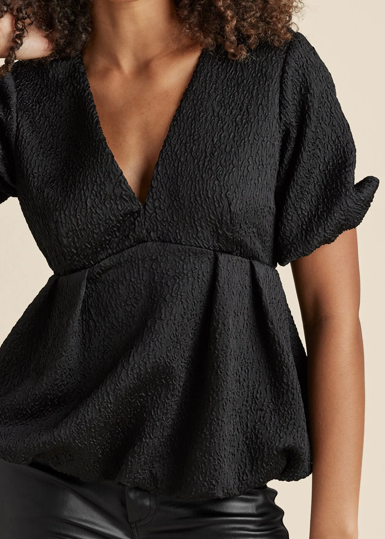 Textured V-Neck Top - Black