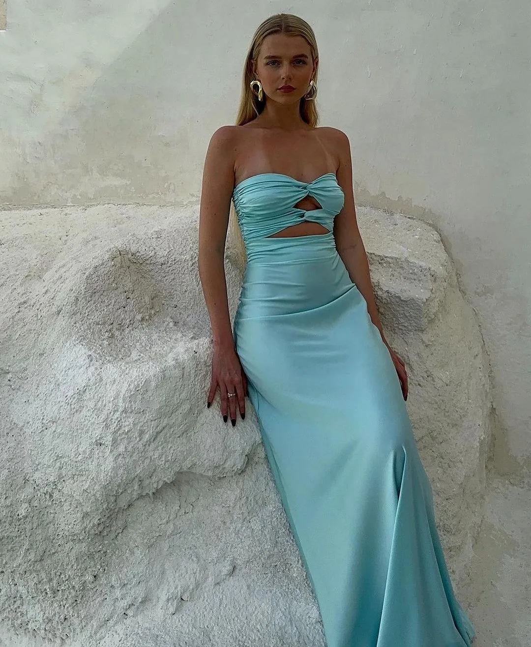 Tinble | Strapless Aqua Blue Sheath Long Prom Dresses