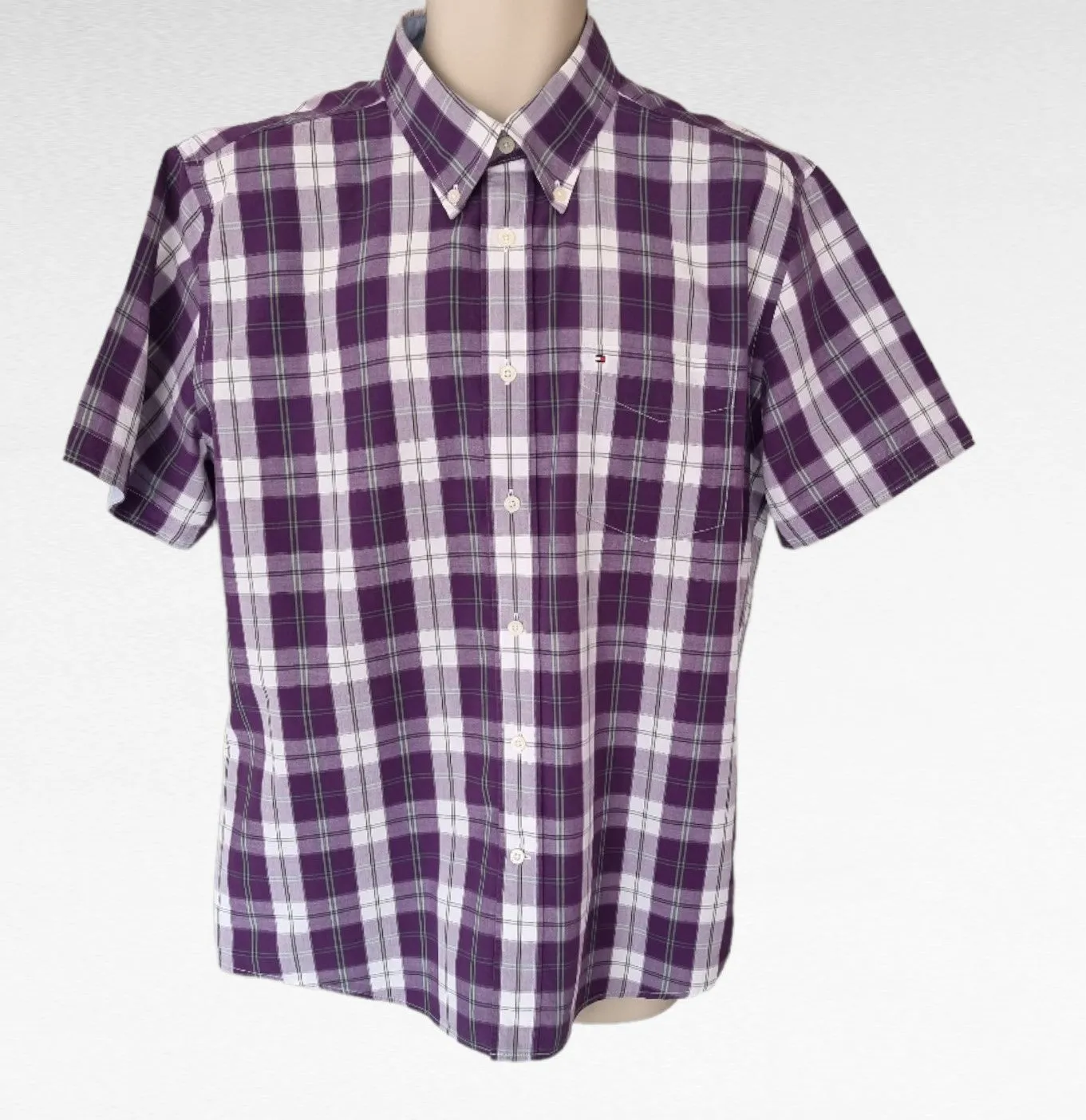 Tommy Hilfiger Men's Mauve & White Check Short Sleeve Oxford Shirt  Size 40 18 ½