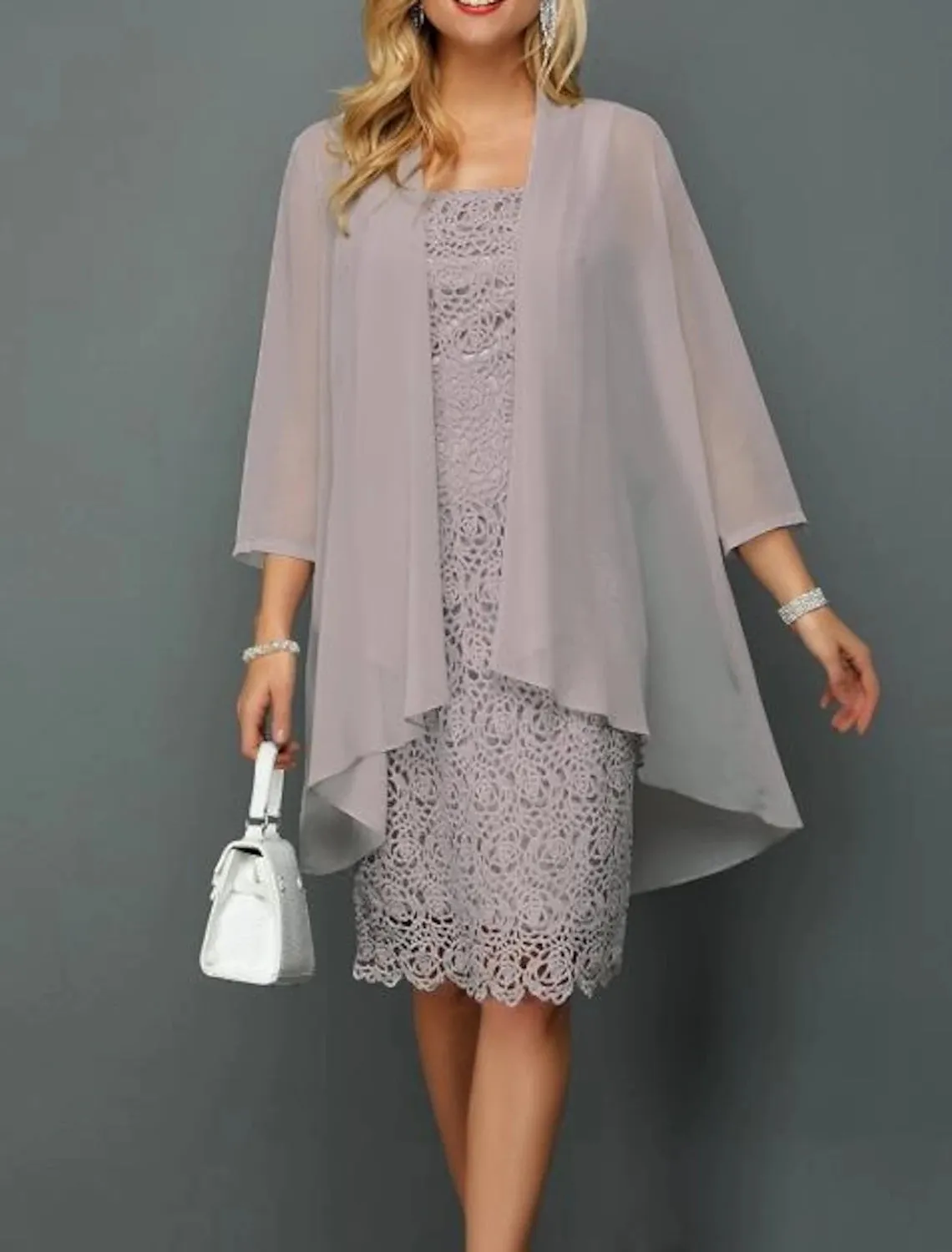 Two Piece Sheath / Column Mother of the Bride Dress Wedding Guest Church Plus Size Elegant Bateau Neck Knee Length Chiffon Lace 3/4 Length Sleeve Jacket Dresses with Appliques Fall