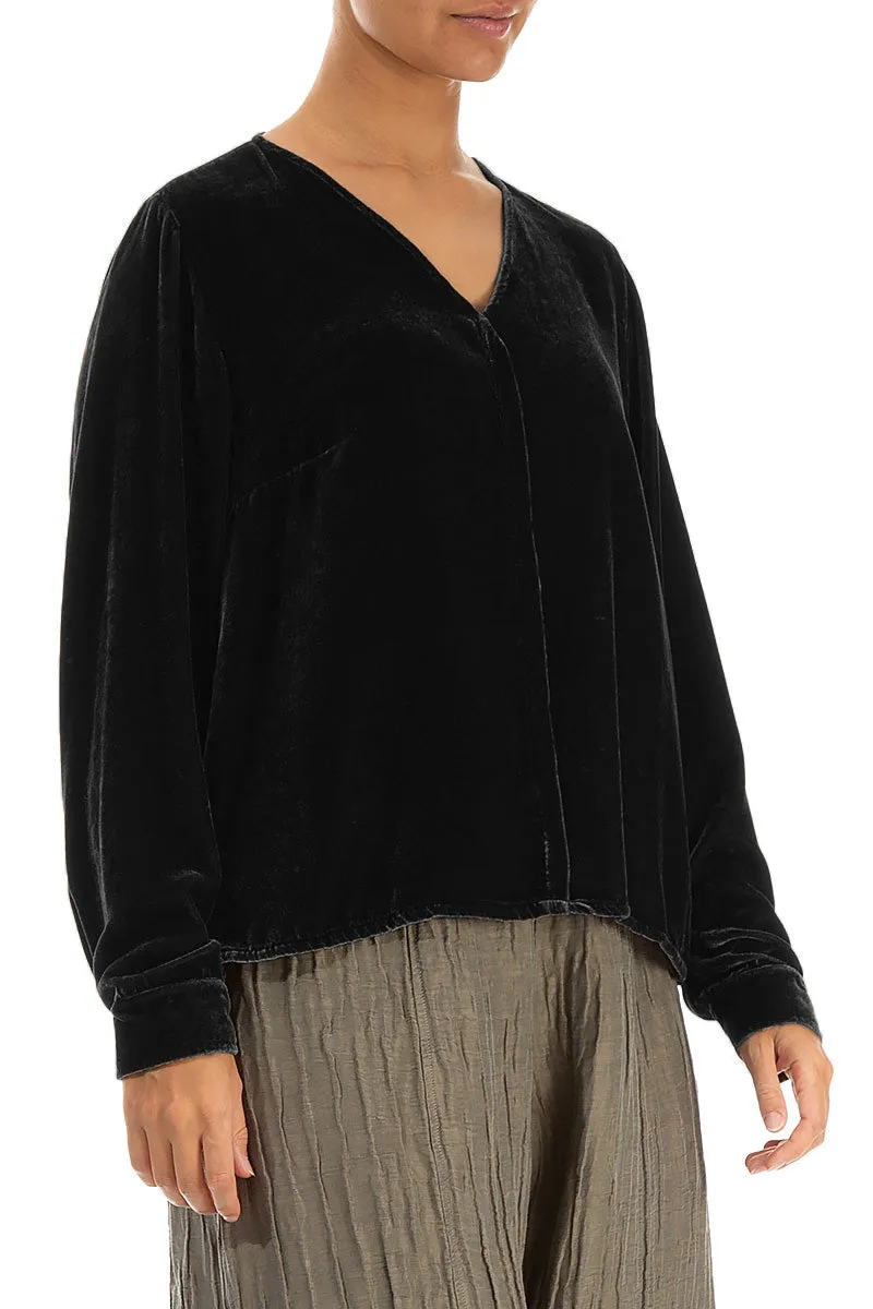 V-Neck Black Silk Velvet Blouse