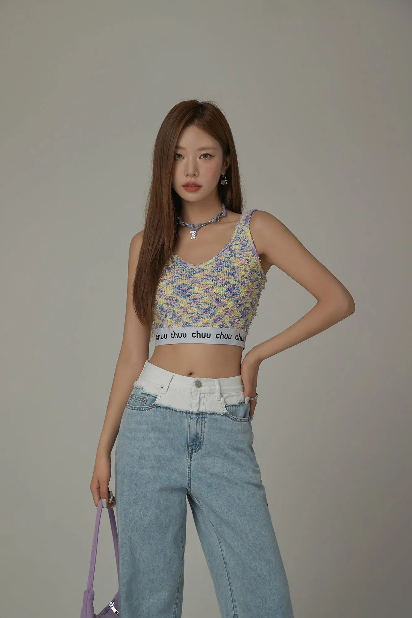 V-Neck Fuzzy Color Scheme Sleeveless Crop Top