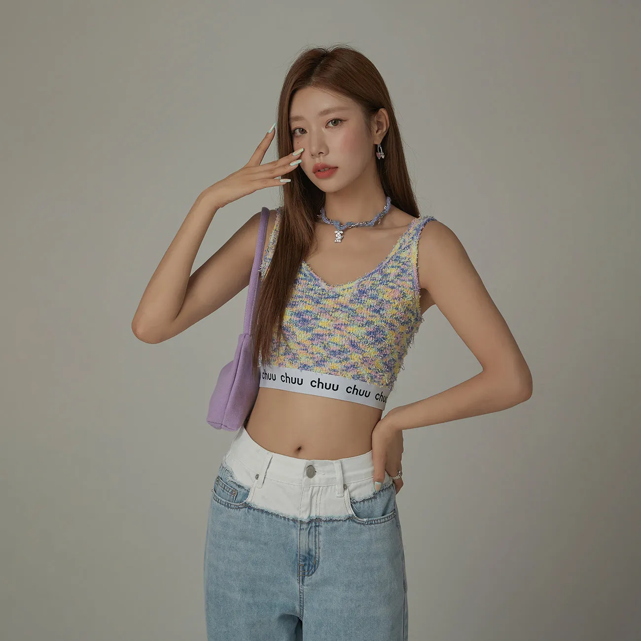 V-Neck Fuzzy Color Scheme Sleeveless Crop Top