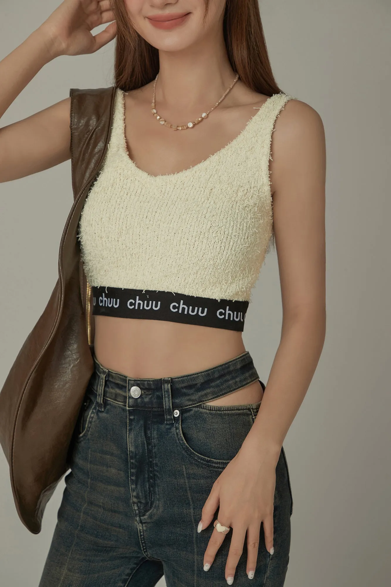 V-Neck Fuzzy Color Scheme Sleeveless Crop Top