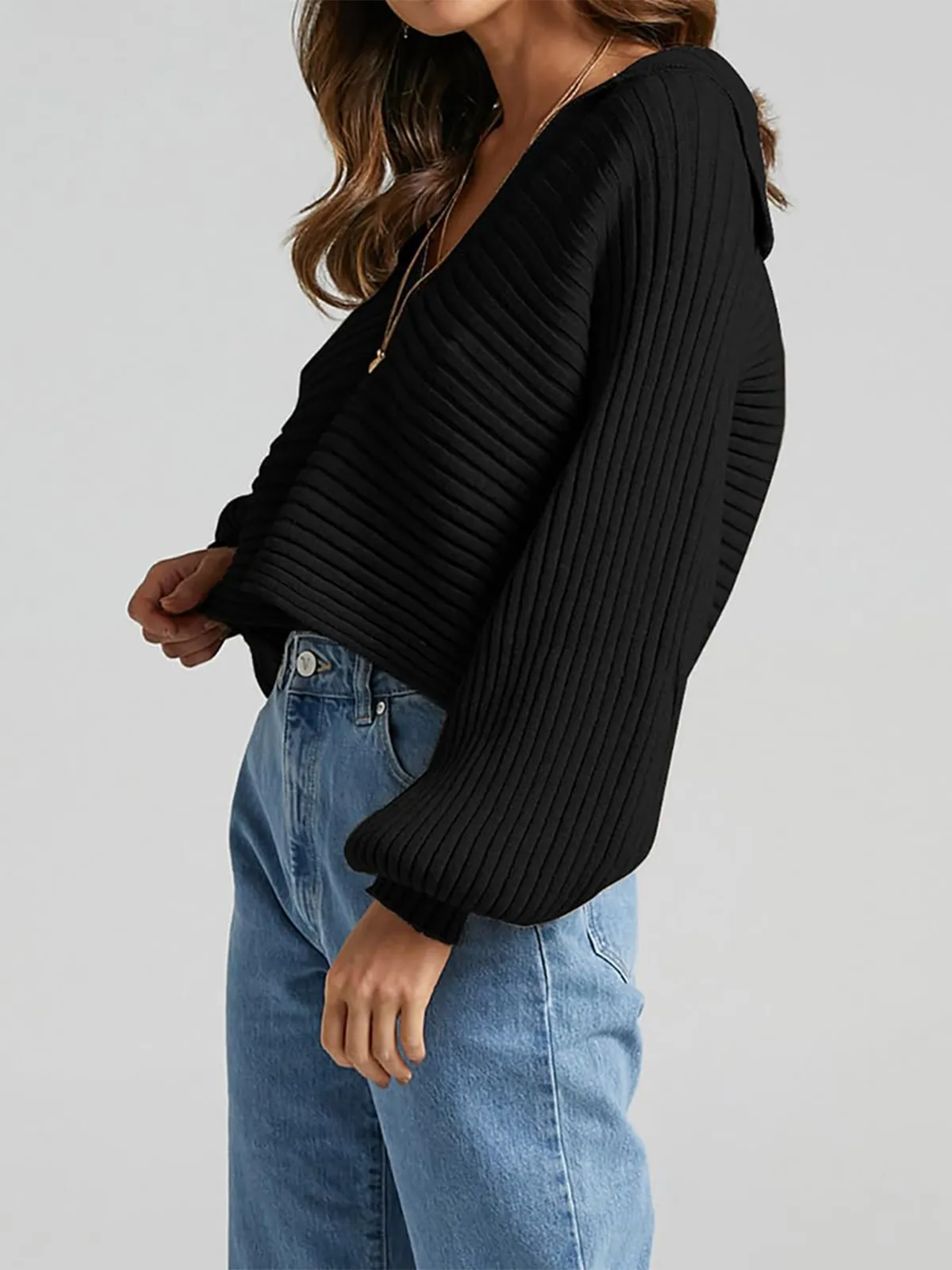 V-Neck Lapel Knit Sweater