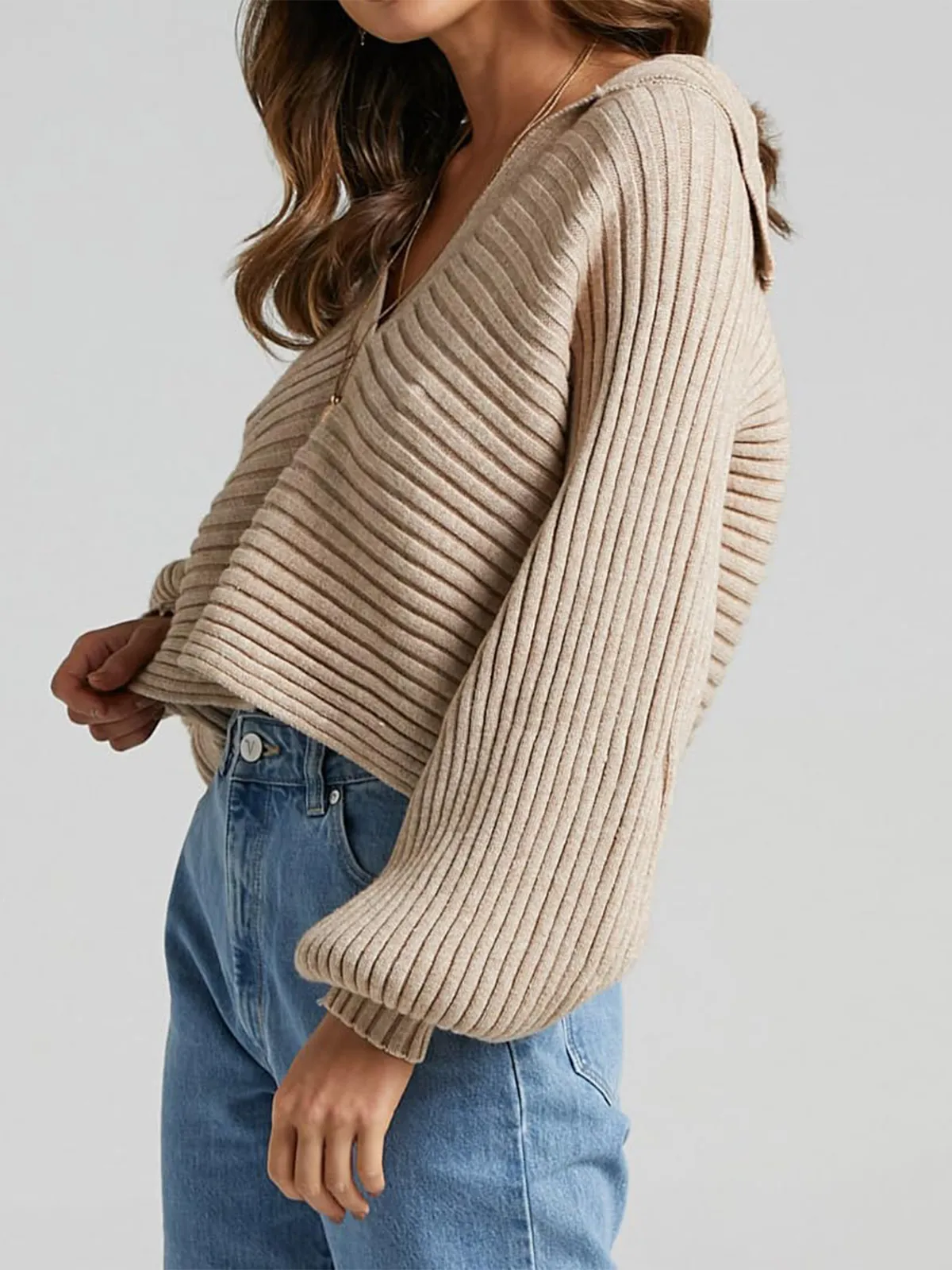 V-Neck Lapel Knit Sweater