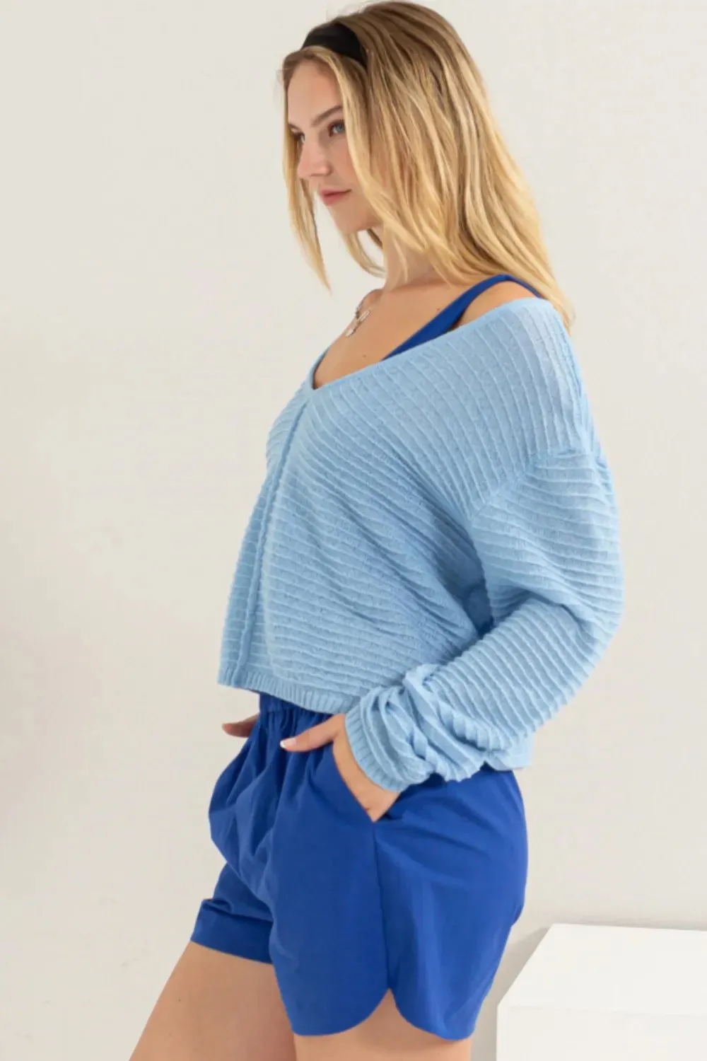 V-Neck Stripe Texture Long Sleeve Top