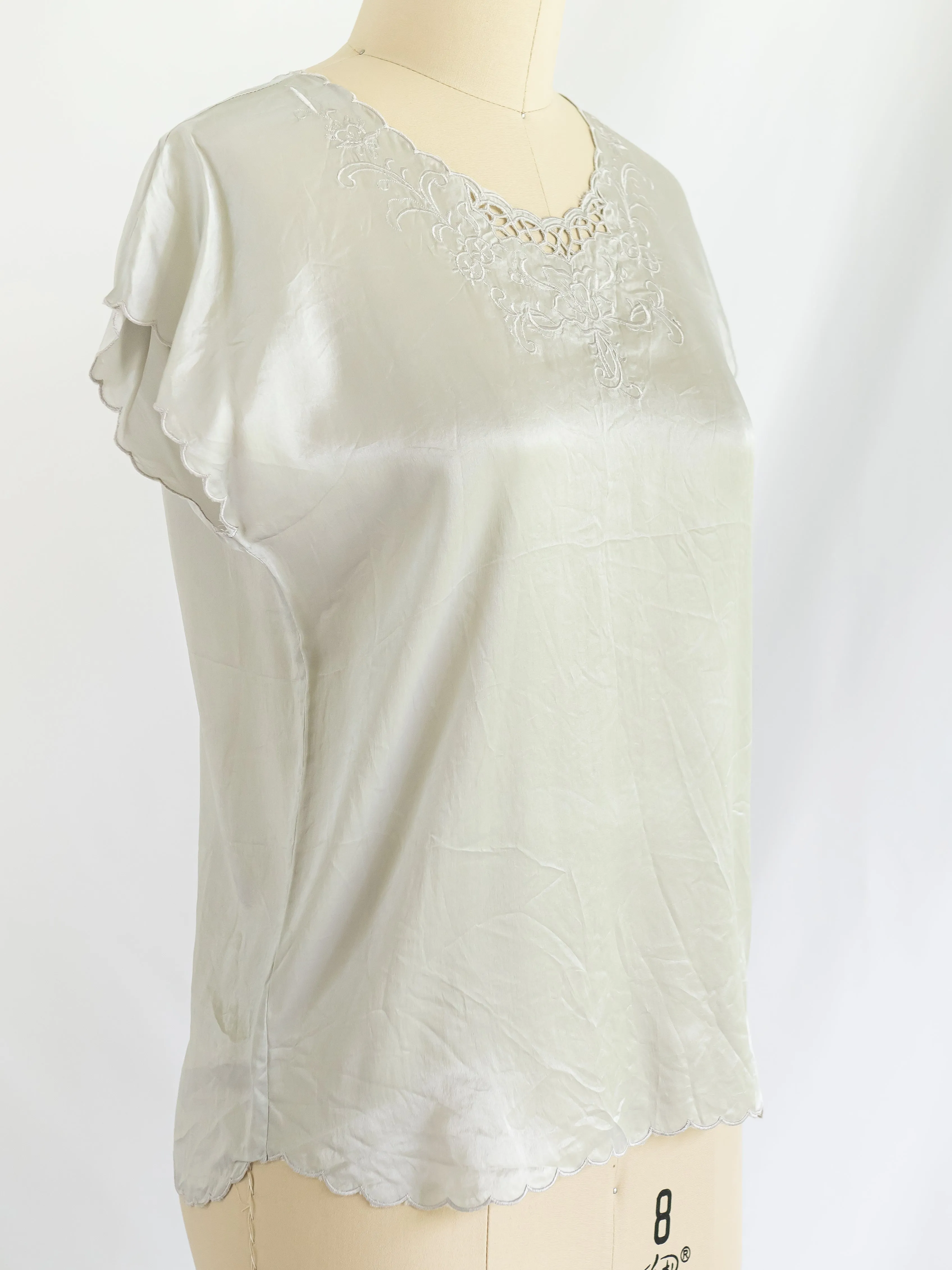 Vintage Eyelet Detail Short Sleeved Silk Blouse