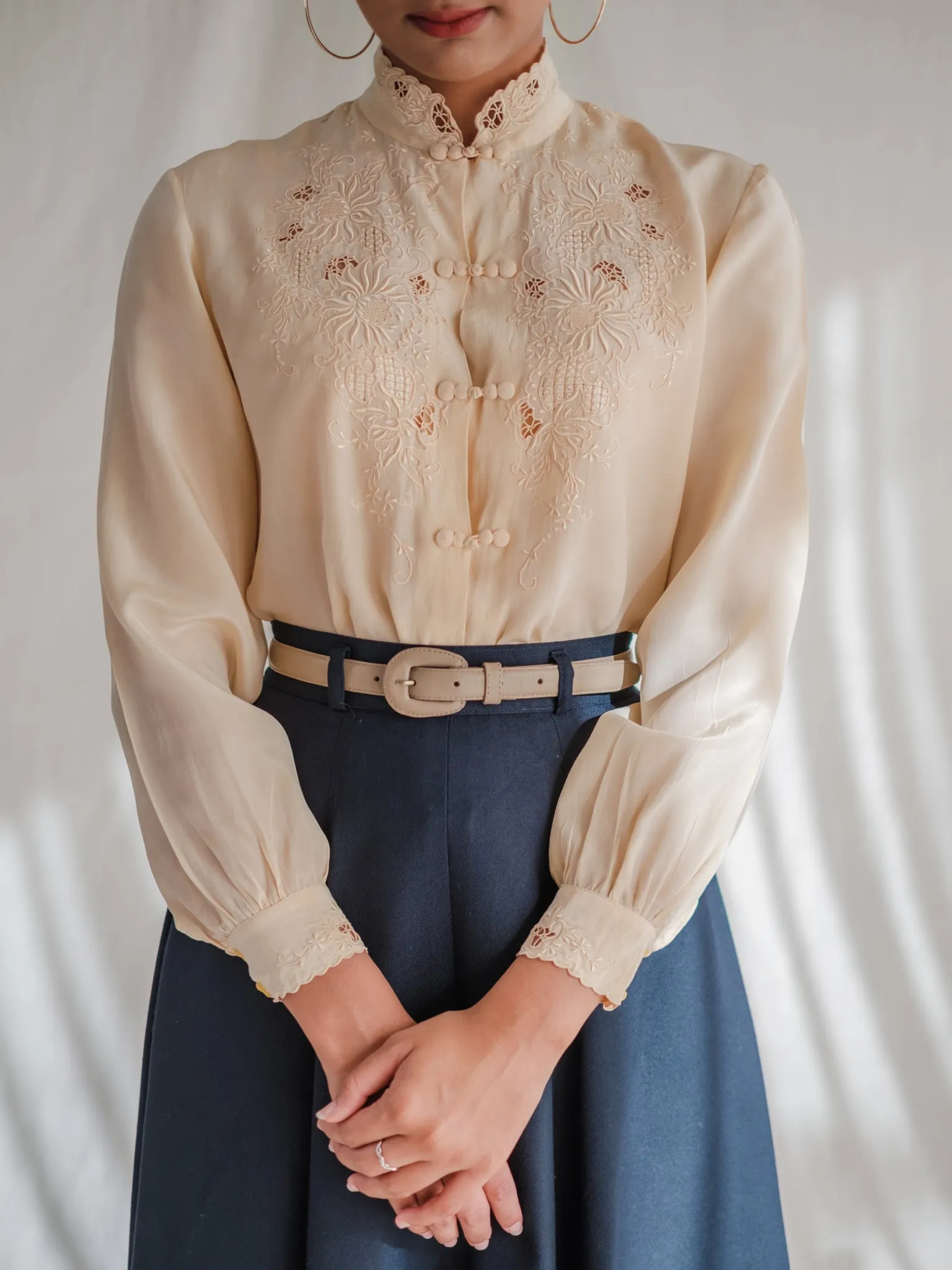 Vintage Mandarin Neck Ivory Embroidered Silk Blouse