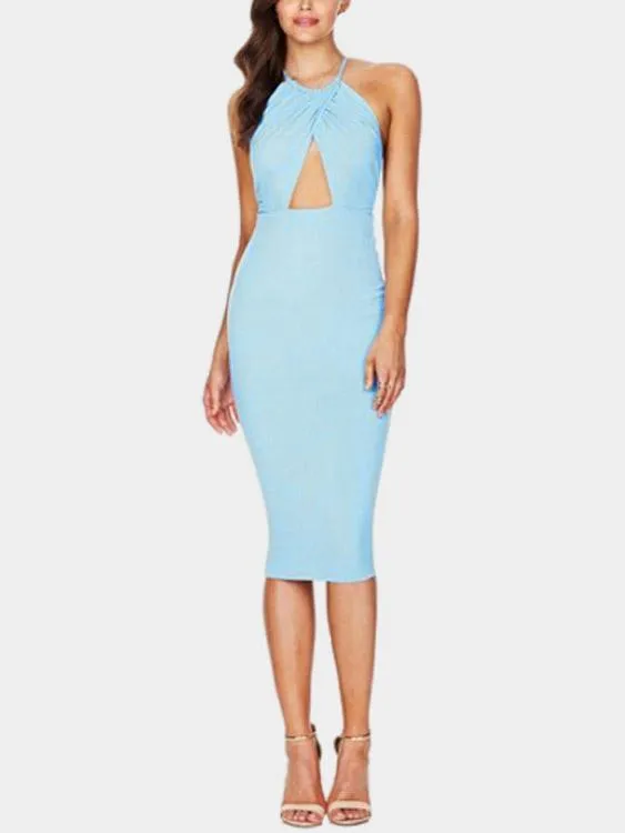 Wholesale Blue Halter Sleeveless Backless Bodycon Dresses