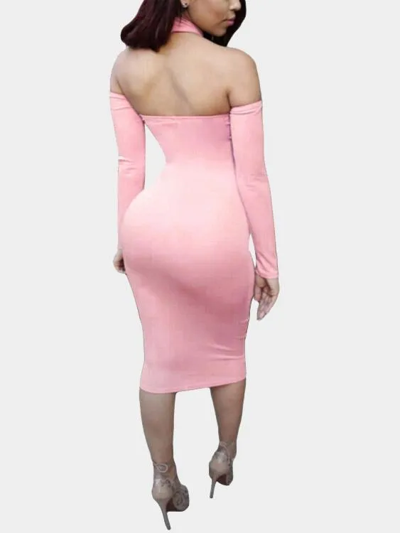 Wholesale Pink Halter V-Neck Long Sleeve Plain Backless Cut Out Dresses