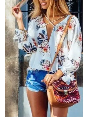 Women's Cross Neck White Floral Blouse